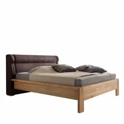 180x200 Eiche Holzbett Mit Stoff Kopfteil - Luyasa