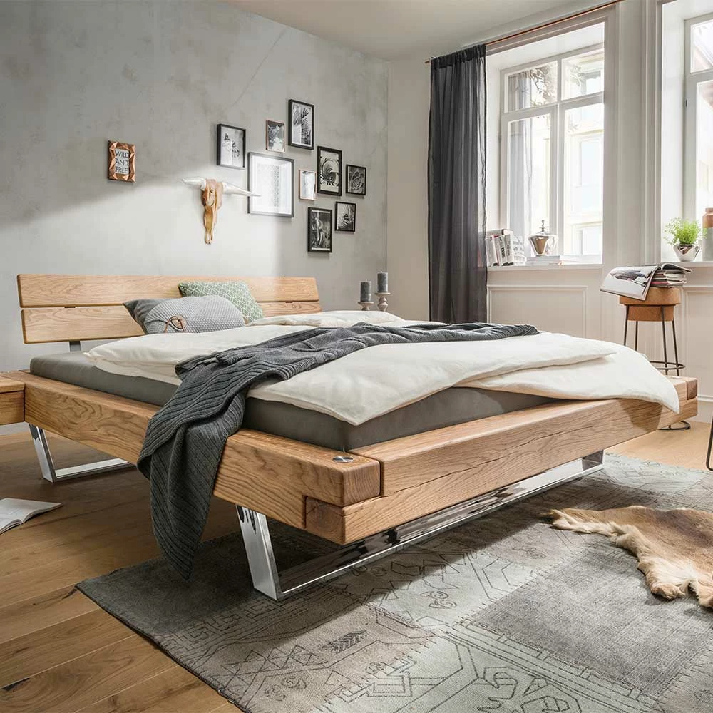 Doppelbett aus Holzbalken Wildeiche massiv Presto mit glänzenden Edelstahl-Kufen Doppelbett Aus Holzbalken Wildeiche Massiv Presto Mit Glänzenden Edelstahl-Kufen -Massivholzbetten Shop doppelbett aus holzbalken wildeiche massiv mit glaenzenden edelstahl kufen presto 01