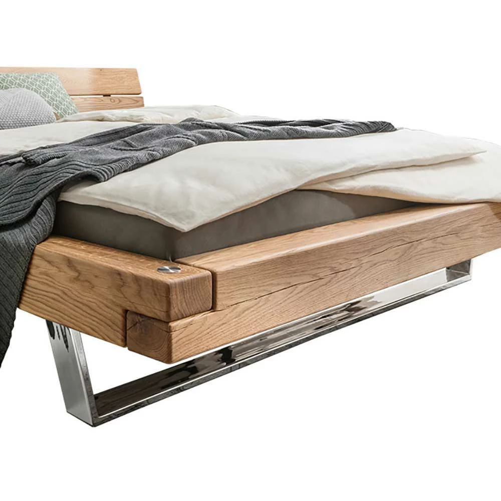 Doppelbett aus Holzbalken Wildeiche massiv Presto mit glänzenden Edelstahl-Kufen Doppelbett Aus Holzbalken Wildeiche Massiv Presto Mit Glänzenden Edelstahl-Kufen -Massivholzbetten Shop doppelbett aus holzbalken wildeiche massiv mit glaenzenden edelstahl kufen presto 02