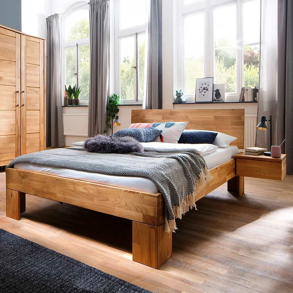 Doppelbett & Hänge-Nachttische - Clarina (dreiteilig) Doppelbett & Hänge-Nachttische - Clarina (dreiteilig) -Massivholzbetten Shop doppelbett haenge nachttische aus wildeiche massivholz clarina 01