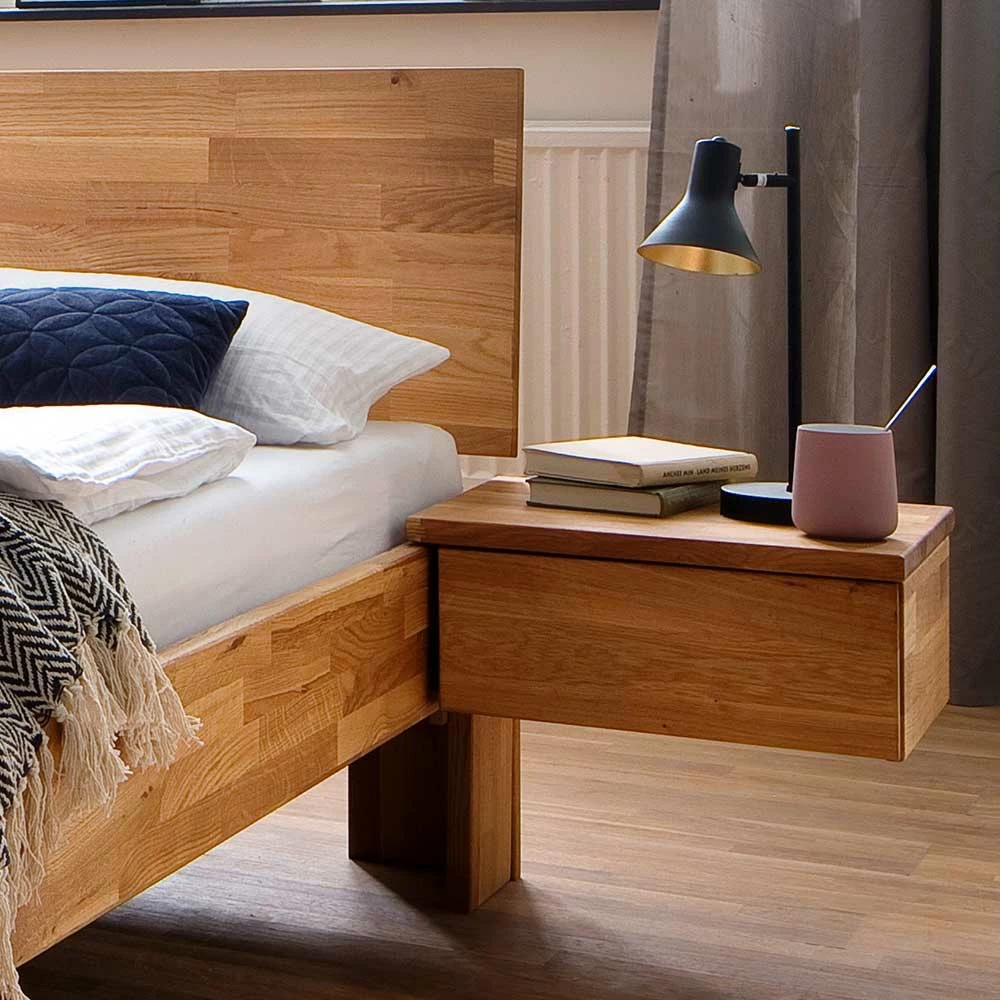 Doppelbett & Hänge-Nachttische - Clarina (dreiteilig) Doppelbett & Hänge-Nachttische - Clarina (dreiteilig) -Massivholzbetten Shop doppelbett haenge nachttische aus wildeiche massivholz clarina 03