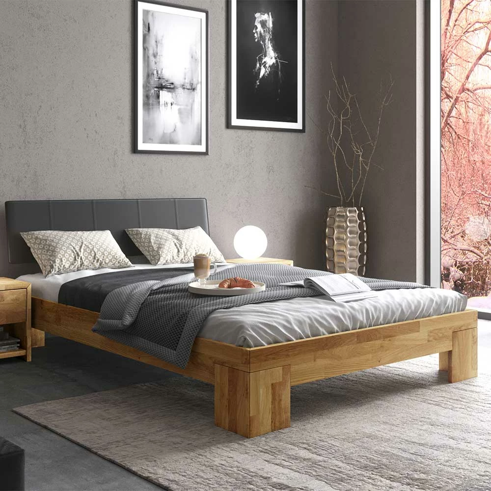 Eiche Bettgestell mit Kunstleder Kopfteil - Mandevilla Eiche Bettgestell Mit Kunstleder Kopfteil - Mandevilla -Massivholzbetten Shop eiche bettgestell mit kunstleder kopfteil in schwarz mandevilla 01