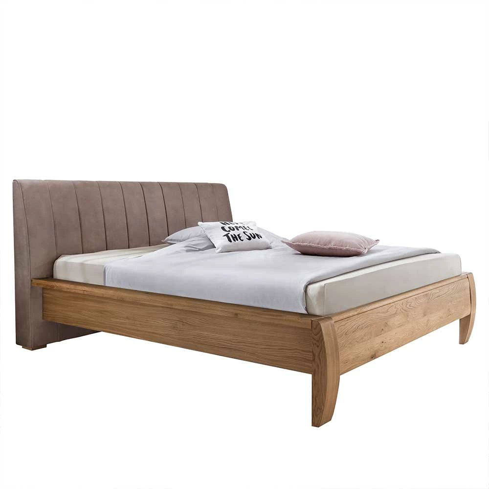 Holz Bettgestell Mit Stoff-Kopfteil In Braun - Flow