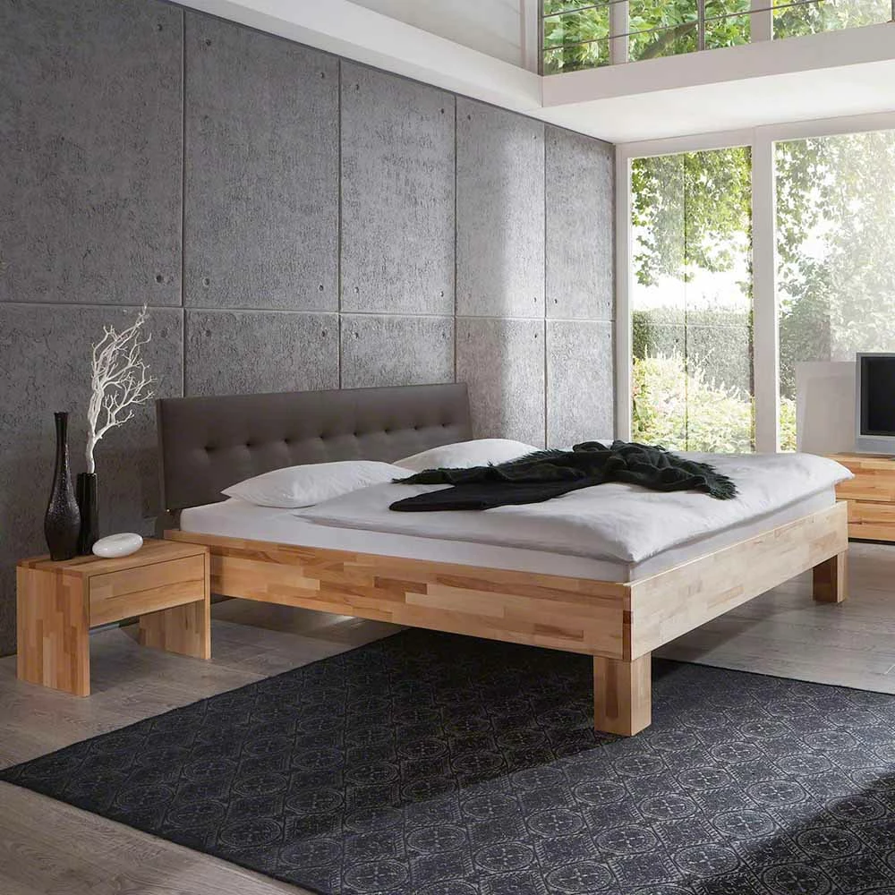 Holzbett massiv Wins mit Polster-Kopfteil Kunstleder Braun Holzbett Massiv Wins Mit Polster-Kopfteil Kunstleder Braun -Massivholzbetten Shop holzbett massiv polster kopfteil kunstleder braun kernbuche natur geoelt wins 01
