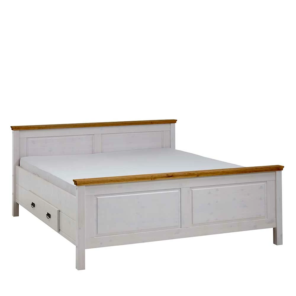 Kiefernholz Bettgestell In Weiß & Lauge - Sibiuta