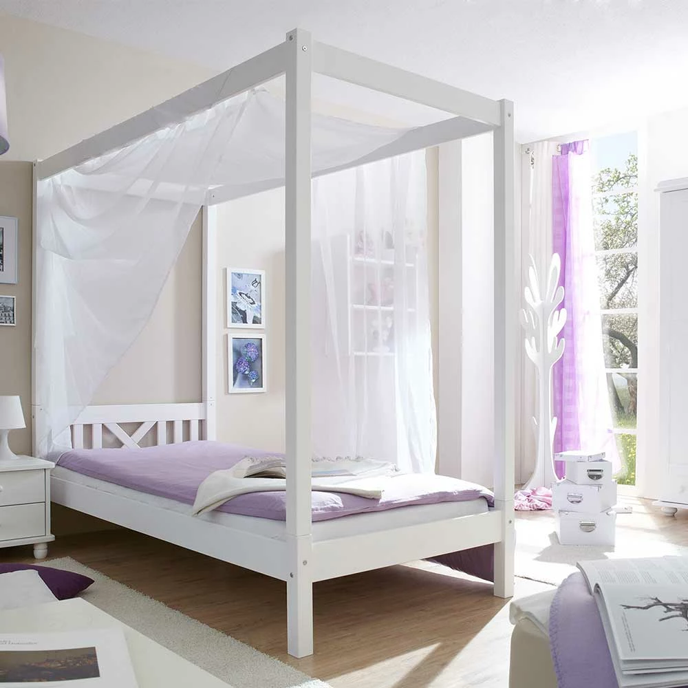 Kiefernholz Himmelbett in Weiß - Fomar Kiefernholz Himmelbett In Weiß - Fomar -Massivholzbetten Shop kiefernholz himmelbett in weiss in 90x200 optional mit bettkasten fomar 01