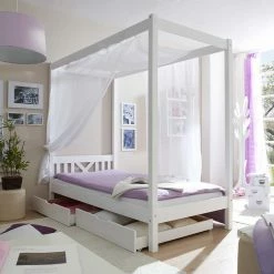 Kiefernholz Himmelbett In Weiß - Fomar 2 Kiefernholz Himmelbett In Weiß - Fomar -Massivholzbetten Shop kiefernholz himmelbett in weiss in 90x200 optional mit bettkasten fomar 02