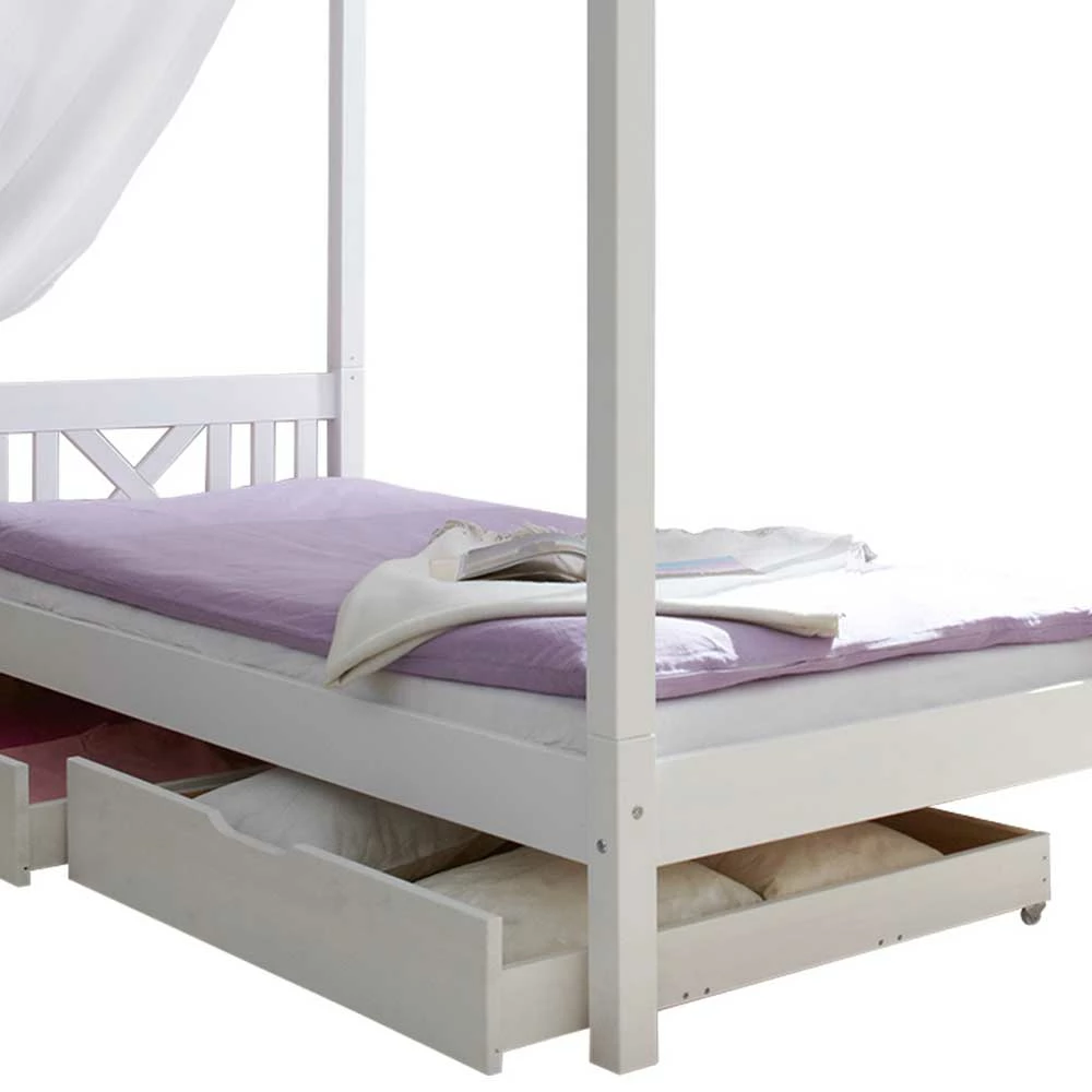 Kiefernholz Himmelbett in Weiß - Fomar Kiefernholz Himmelbett In Weiß - Fomar -Massivholzbetten Shop kiefernholz himmelbett in weiss in 90x200 optional mit bettkasten fomar 04