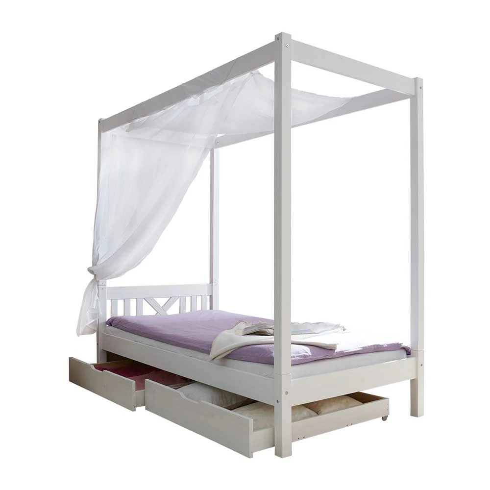 Kiefernholz Himmelbett in Weiß - Fomar Kiefernholz Himmelbett In Weiß - Fomar -Massivholzbetten Shop kiefernholz himmelbett in weiss in 90x200 optional mit bettkasten fomar f