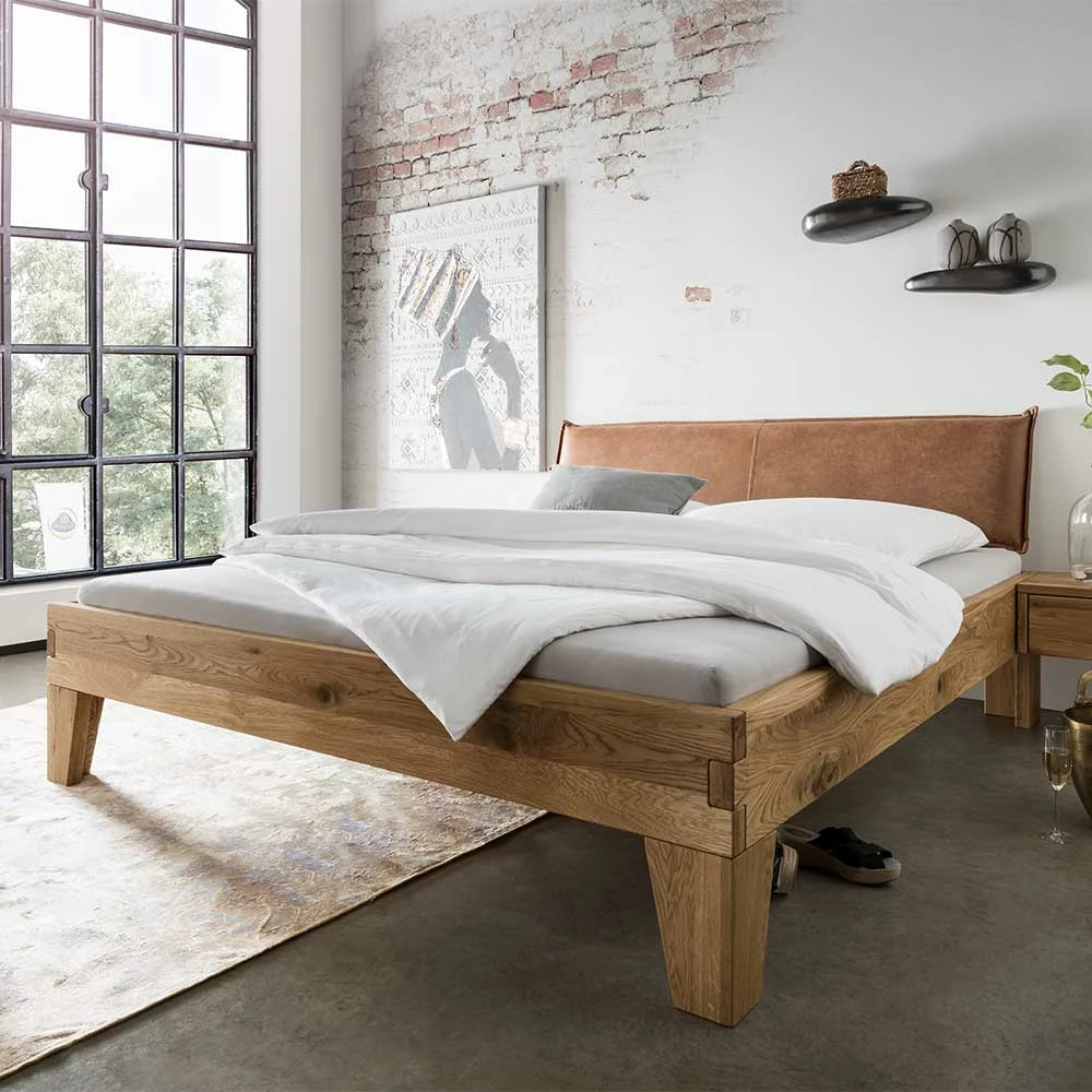 Modernes Wildeiche Bett mit Polsterkopfteil - Aryvano Modernes Wildeiche Bett Mit Polsterkopfteil - Aryvano -Massivholzbetten Shop modernes wildeiche bett mit polsterkopfteil in braun aryvano 01