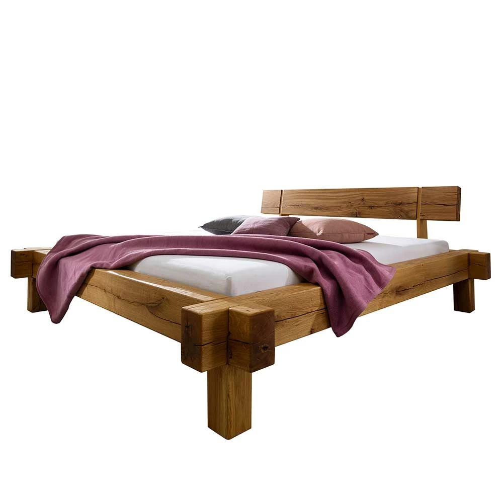 Rustikales Wildeiche Holzbett In Balken Bauweise - Gastonna