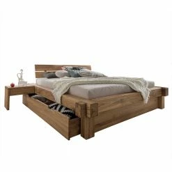 Schubkastenbett Aus Wildeiche Balken Twinn Mit 2 Nachttischen (dreiteilig)