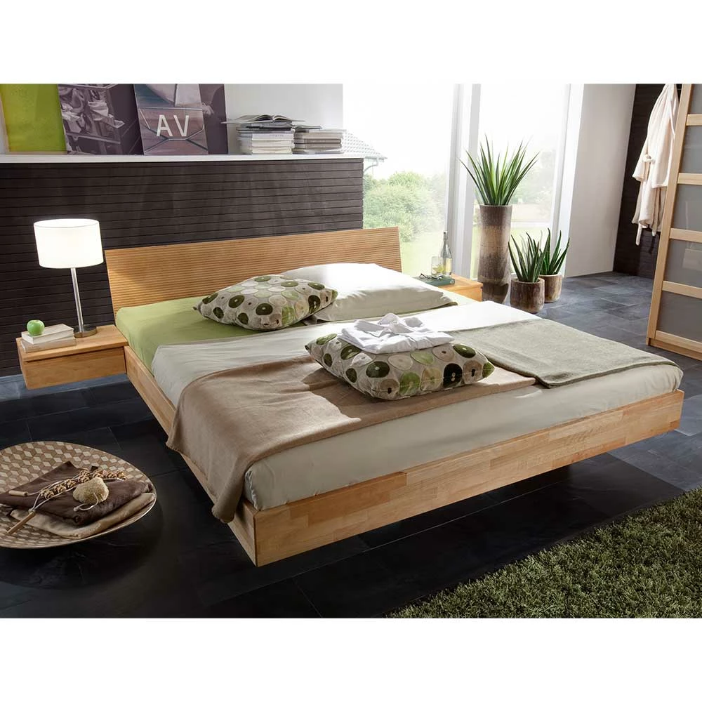 Schwebesockel Bett mit Nachttischen - Rudacia I (dreiteilig) Schwebesockel Bett Mit Nachttischen - Rudacia I (dreiteilig) -Massivholzbetten Shop schwebesockel bett mit nachttischen aus kernbuche rudacia i 01