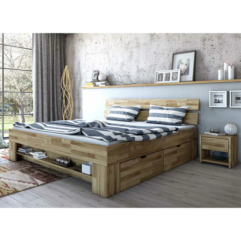 Stauraumbett & Nachtkommoden - Aktemus (dreiteilig) Stauraumbett & Nachtkommoden - Aktemus (dreiteilig) -Massivholzbetten Shop stauraumbett nachtkommoden aus wildeiche massivholz aktemus 01
