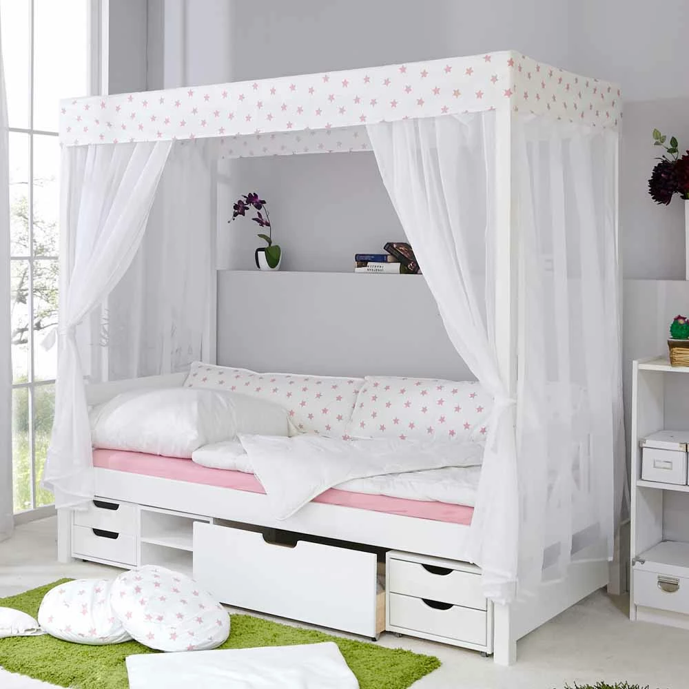 Weißes Himmelbett Sash aus Kiefer Massivholz Weißes Himmelbett Sash Aus Kiefer Massivholz -Massivholzbetten Shop weisses himmelbett aus kiefer massivholz und rosa sternen sash 01