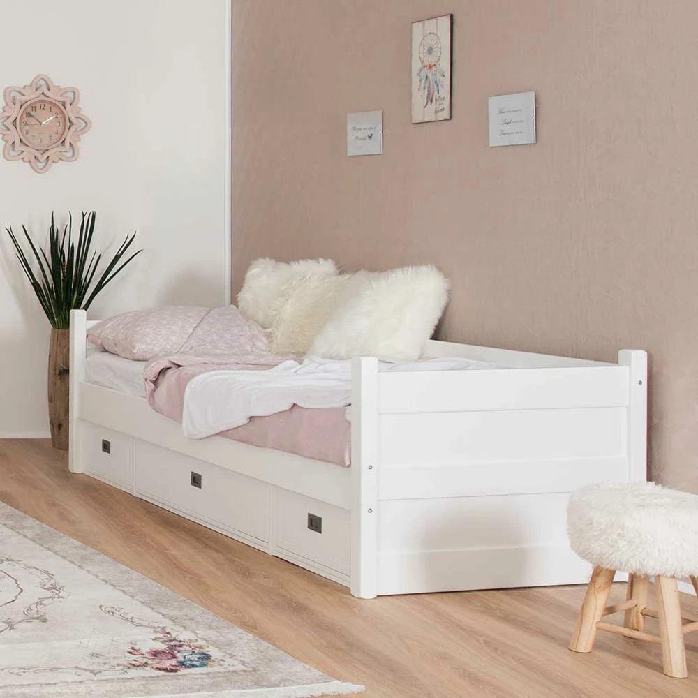 Weißes Kojenbett 90x200 mit 3 Schubladen - Eicando Weißes Kojenbett 90x200 Mit 3 Schubladen - Eicando -Massivholzbetten Shop weisses kojenbett 90x200 mit 3 schubladen in modernem design eicando 02