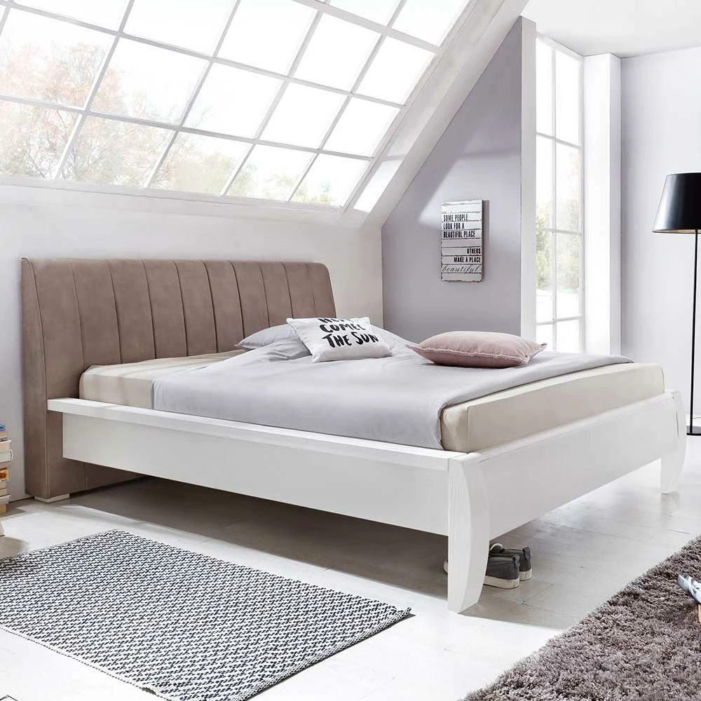 Weißes Komfortbett aus Pinie teilmassiv Medias mit Polsterkopfteil Braun Weißes Komfortbett Aus Pinie Teilmassiv Medias Mit Polsterkopfteil Braun -Massivholzbetten Shop weisses komfortbett aus pinie teilmassiv mit polsterkopfteil braun medias 01