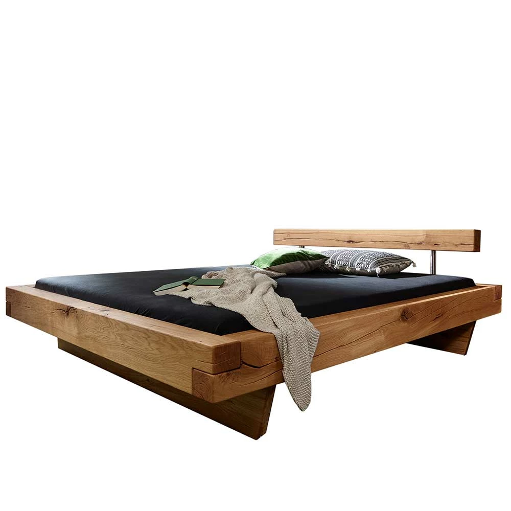 Wildeiche Balkenholz Bett Mit Balkenkopfteil - Veteno - Image 2