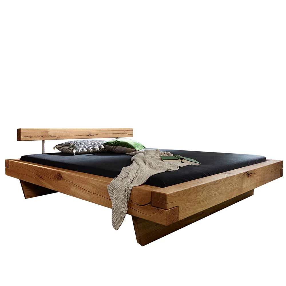 Wildeiche Balkenholz Bett Mit Balkenkopfteil - Veteno
