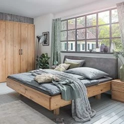 Wildeiche Bett Mit Recyclingleder Kopfteil - Fogros
