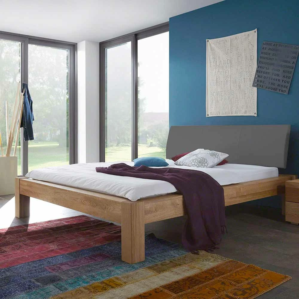 Wildeiche Bett Elemts Mit Polster-Kopfteil Grau - Image 2