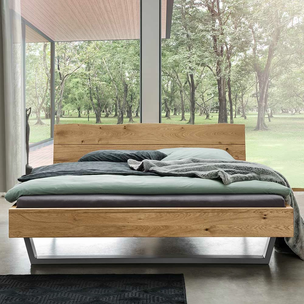 Wildeiche Holzbett auf Kufen - Yunves Wildeiche Holzbett Auf Kufen - Yunves -Massivholzbetten Shop wildeiche holzbett auf kufen aus metall in anthrazit yunves 01